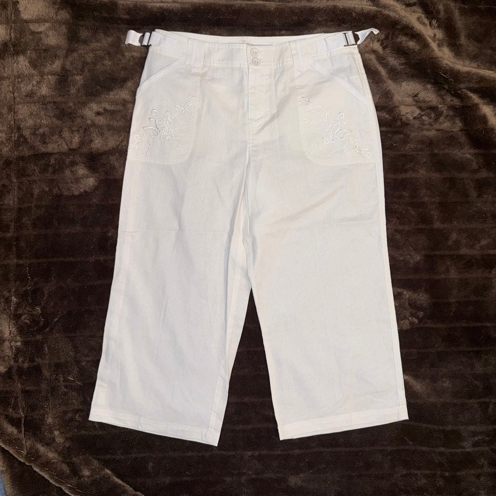 Caribbean Joe 8P White Linen Blend‎ Cropped Pants Embroidered 8 Petite Tab Waist